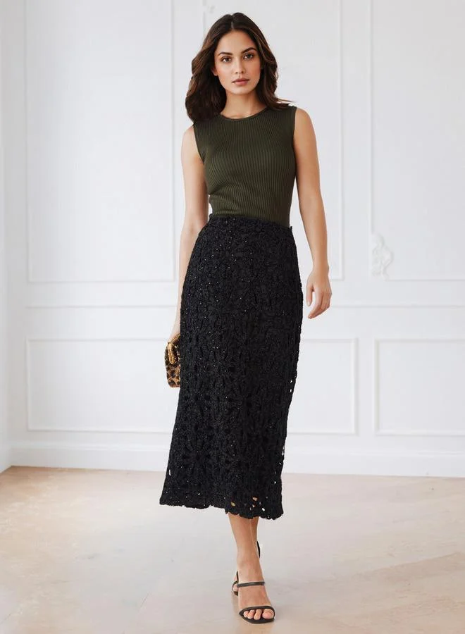 Iconic Iconic Sequin Embellished Lace Detail Pencil Skirt with Zip Closure